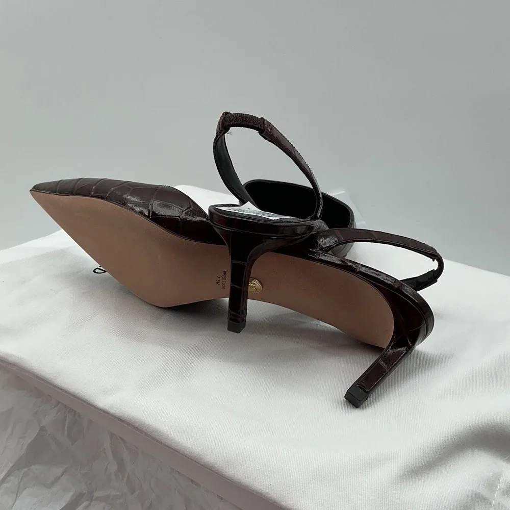 Veronica Beard Caroline Mahogany Croc Embossed Leather Slingback Pumps 7.5M NWT